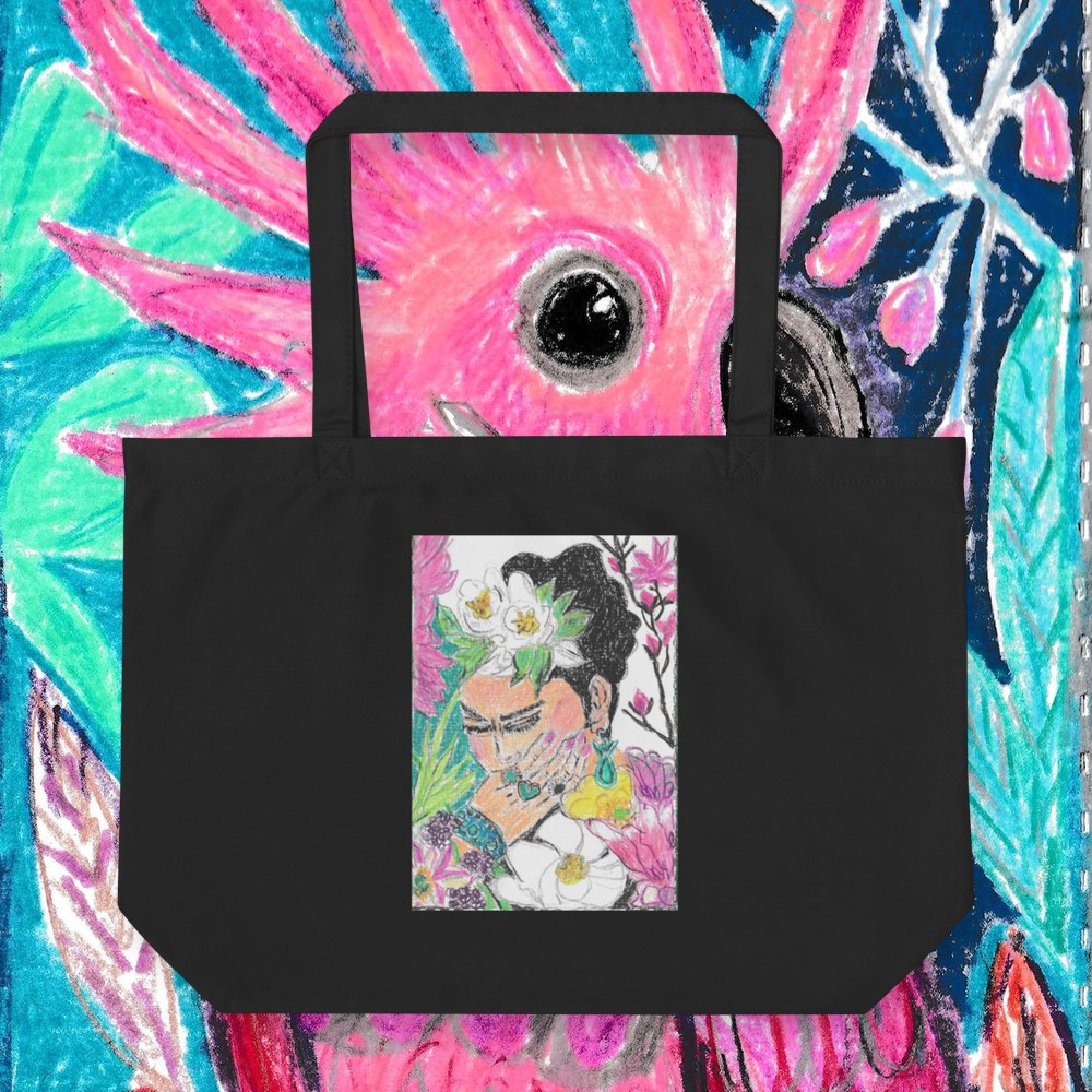 Schwarze Bio-Tasche mit Blütenmotiv, flach